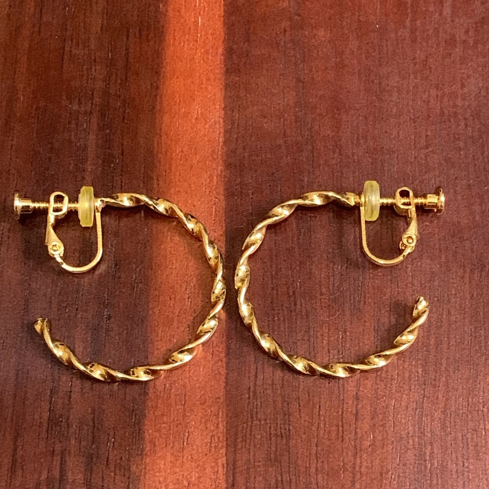 Gold tone twisted hoop earrings-screw on